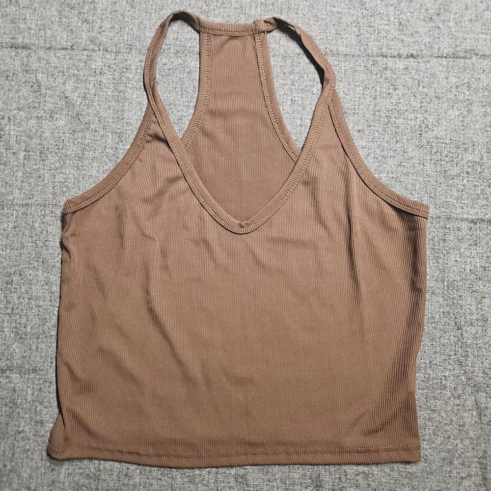 Racerback‎ Tank Top Women Small Brown Excellent Ribbed V-Neck Cropped Minimalist